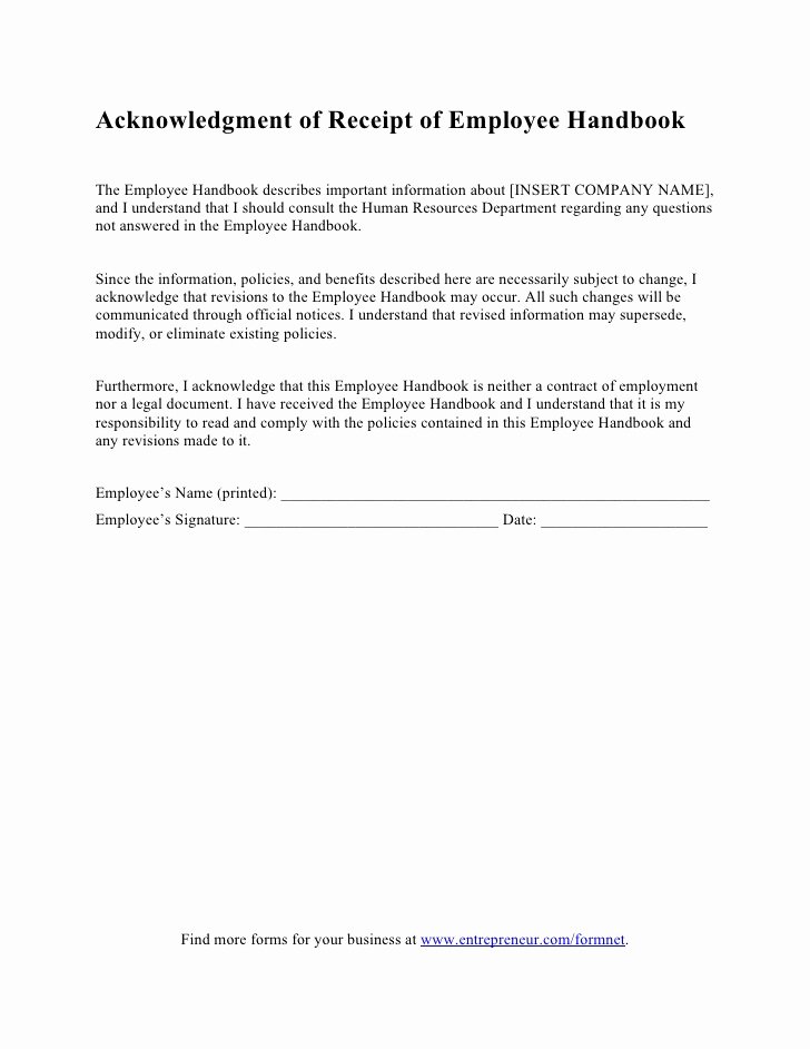 Training Acknowledgement form Template New Acknowledgment Of Receipt Of Employee Handbook