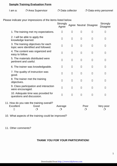 Training Evaluation forms Template New Sample Training Evaluation form