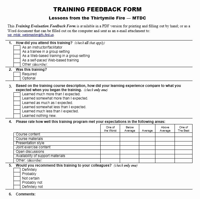 Training Evaluation forms Template Unique 13 Free Sample Training Feedback form Printable Samples