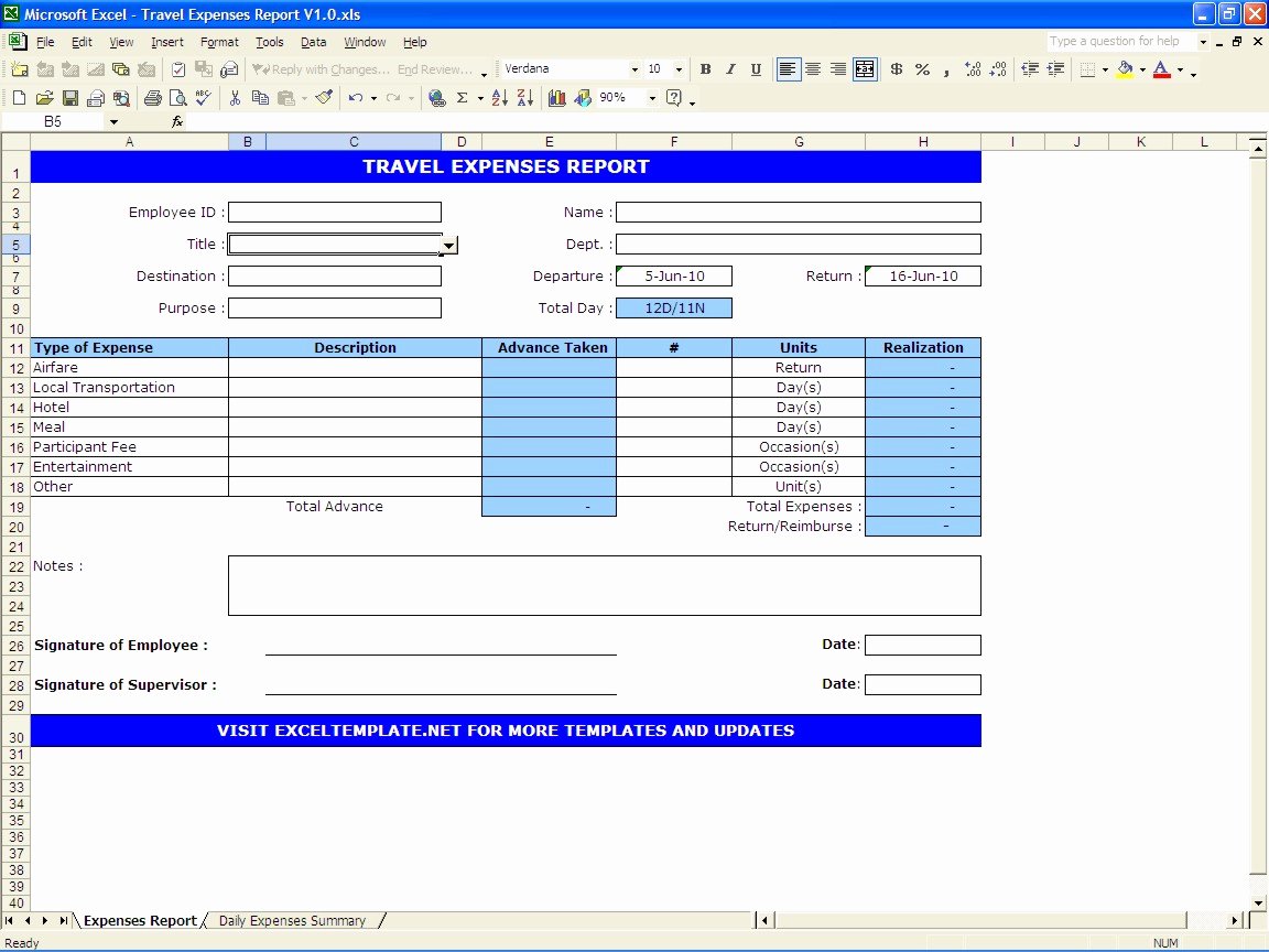 Travel Expense Report Template Awesome Travel Expenses Report