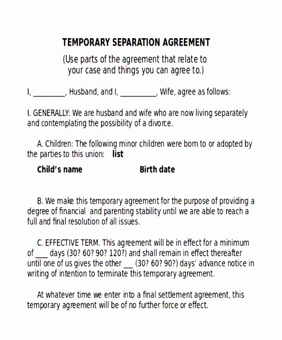 Trial Separation Agreement Template Awesome Temporary Separation Agreement Template Temporary