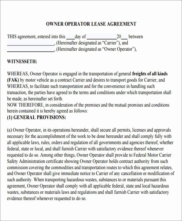 Truck Lease Agreement Template New 8 Owner Operator Lease Agreement Sample Free Sample