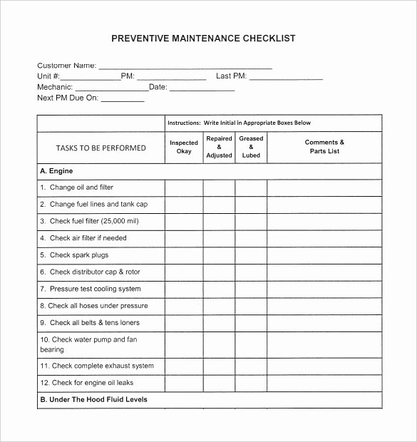Truck Maintenance Checklist Template Elegant Preventive Maintenance Schedule Template – 22 Free Word