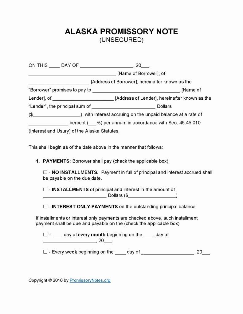 Unsecured Promissory Note Template Elegant Alaska Unsecured Promissory Note Template Promissory
