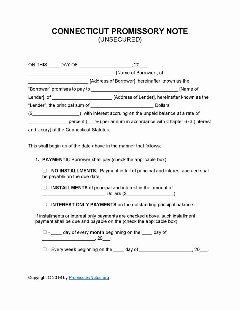 Unsecured Promissory Note Template Fresh Connecticut Unsecured Promissory Note Template