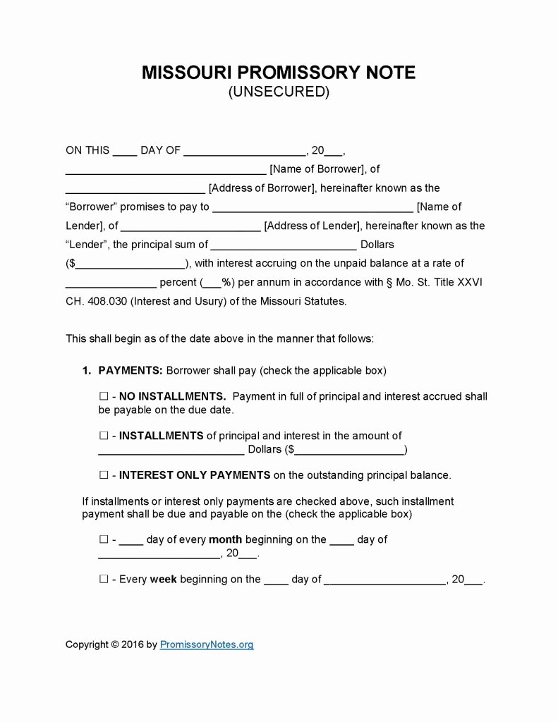 Unsecured Promissory Note Template Fresh Missouri Unsecured Promissory Note Template Promissory