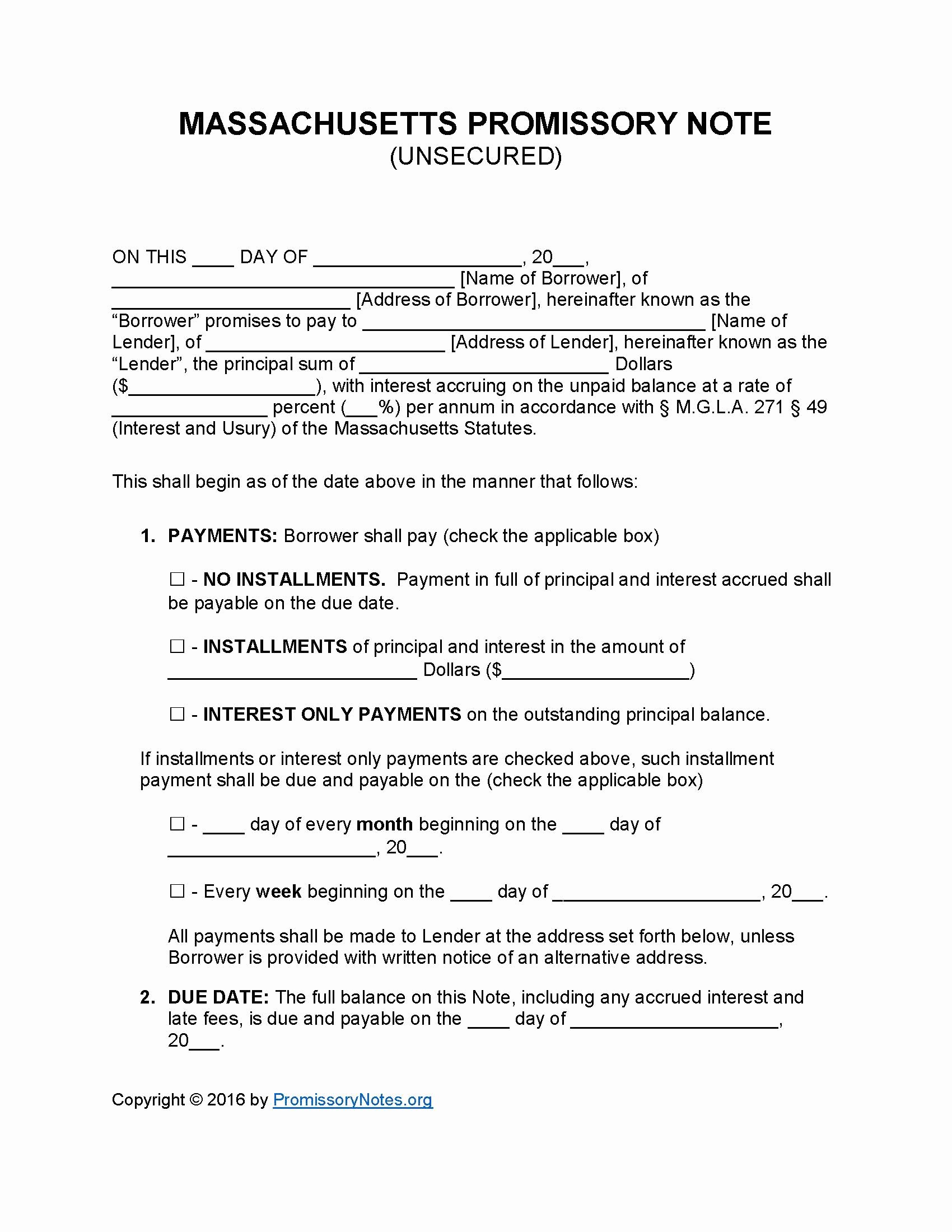 Unsecured Promissory Note Template Lovely Massachusetts Unsecured Promissory Note Template