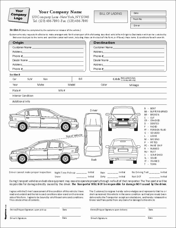 Vehicle Condition Report Template Awesome Printable Sample Bill Lading Pdf form