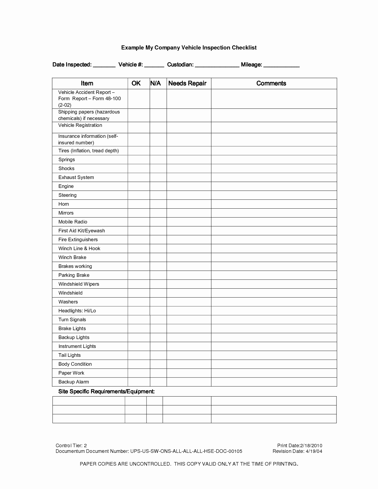 Vehicle Inspection form Template Beautiful 7 Best Of Printable Vehicle Inspection Checklist
