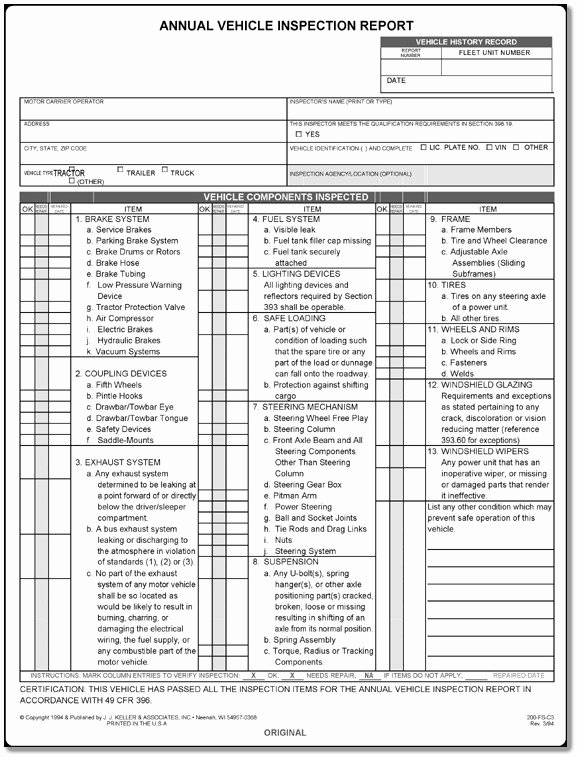 Vehicle Inspection form Template New Dot Driver Vehicle Inspection Report form Templates