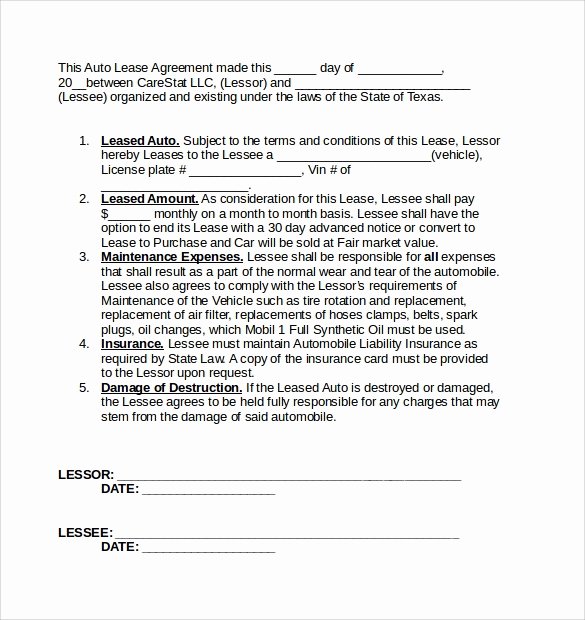 Vehicle Lease Agreement Template New Sample Vehicle Lease Agreement Template 12 Free