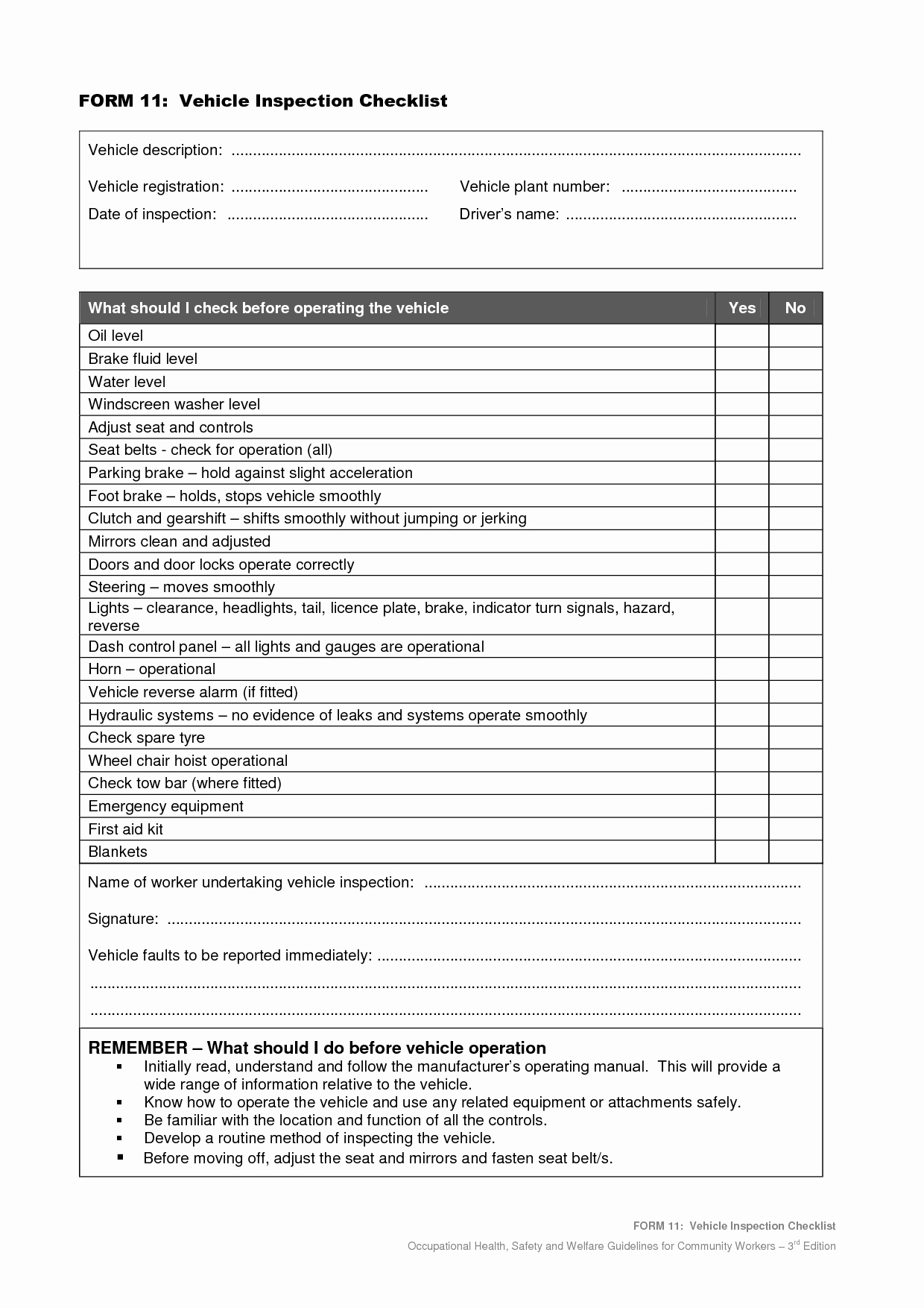 Vehicle Maintenance Checklist Template Unique Vehicle Safety Inspection Checklist form