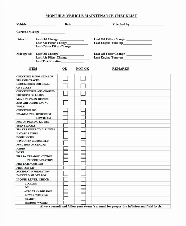 Vehicle Maintenance Schedule Template Lovely Car Maintenance Checklist form Monthly Vehicle forms