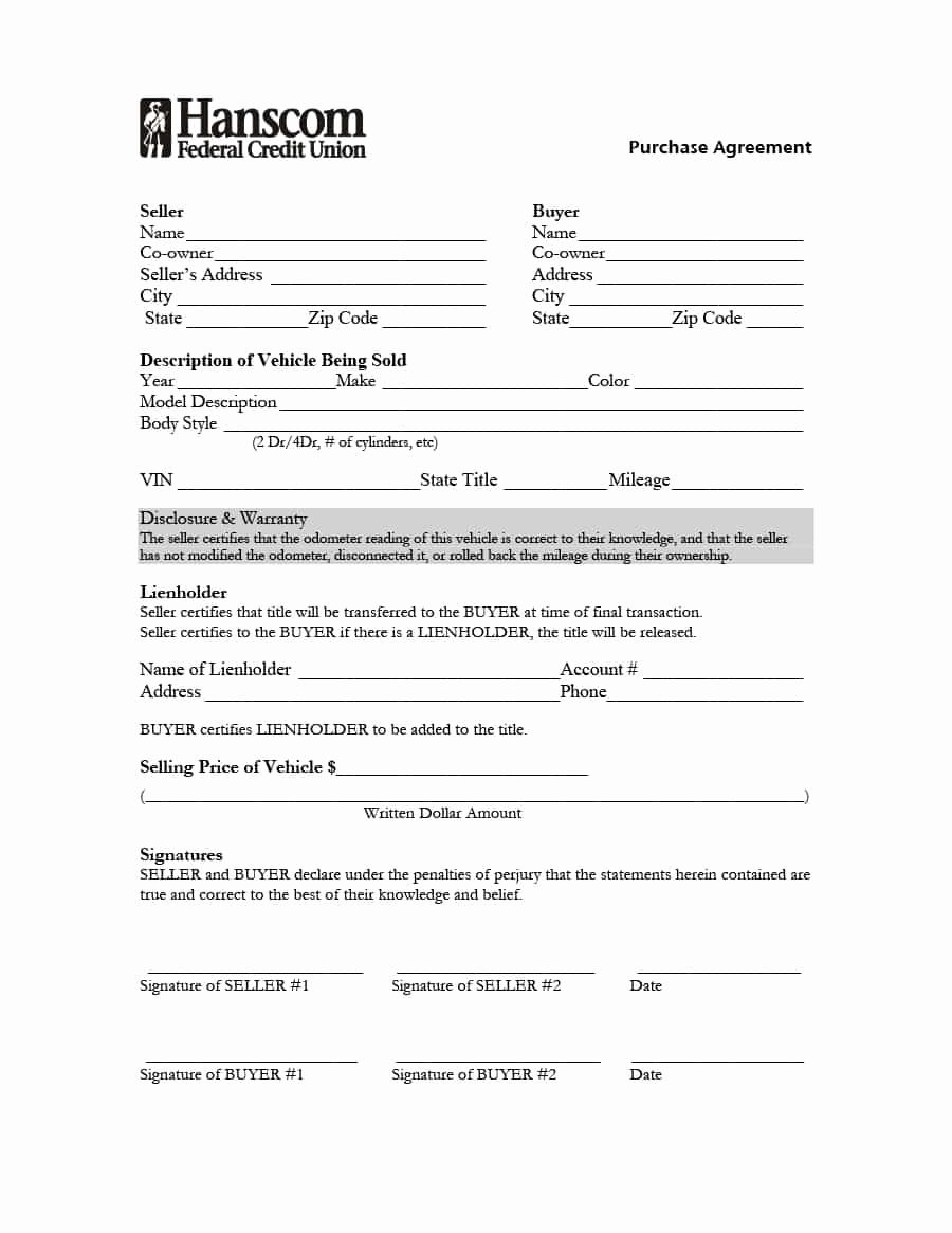 Vehicle Purchase Agreement Template Inspirational 42 Printable Vehicle Purchase Agreement Templates