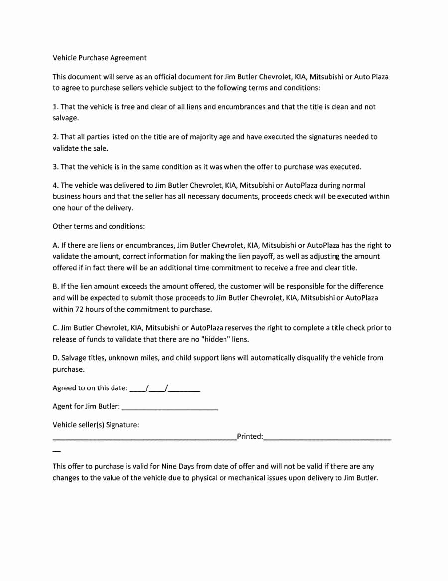 Vehicle Purchase Agreement Template Lovely 42 Printable Vehicle Purchase Agreement Templates