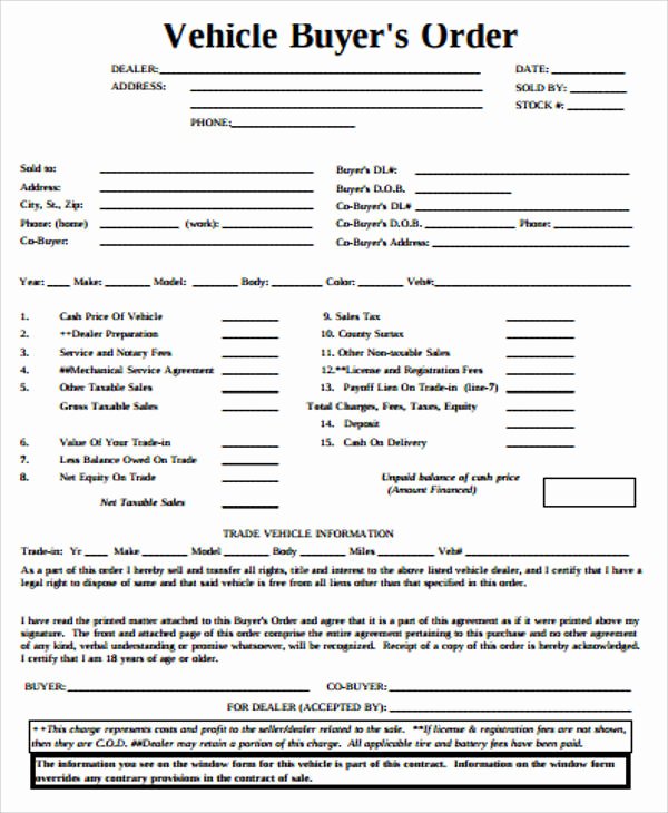 Vehicle Purchase order Template Inspirational 10 Sample Vehicle order forms