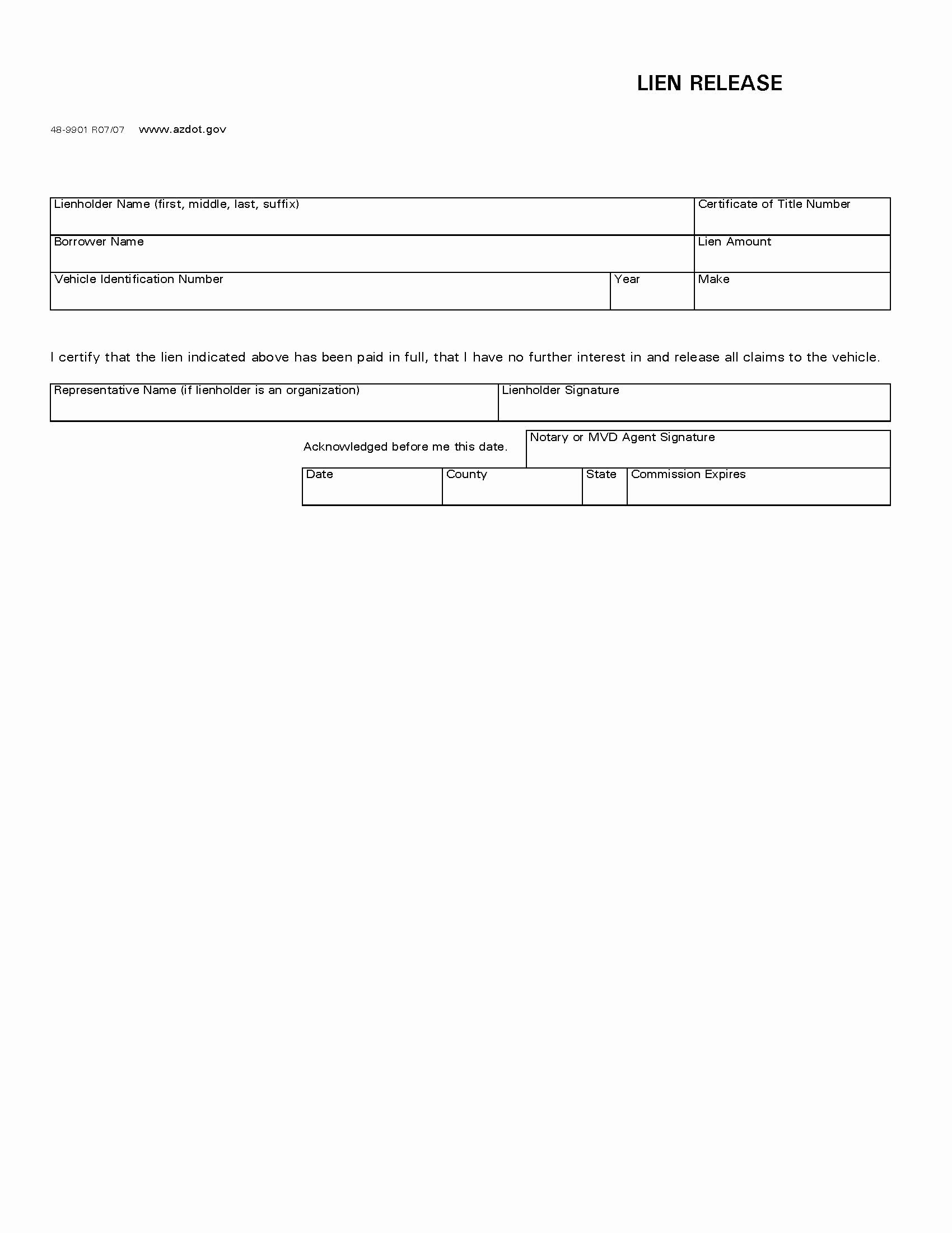 Vehicle Release form Template Beautiful Car Vehicle Lien Release form Release forms Release