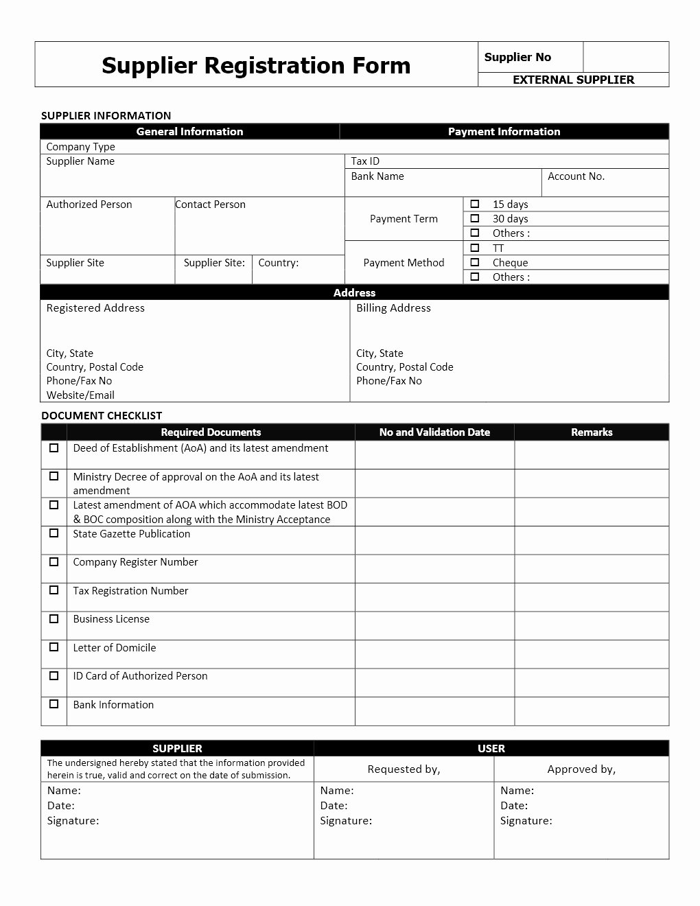 Vendor Registration form Template Unique Supplier Registration form