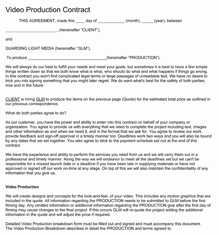 Video Production Contract Template Lovely Video Production Contract 6 Printable Contract Samples