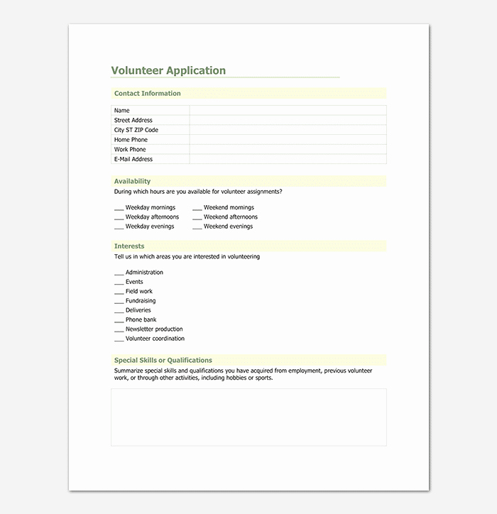 Volunteer Application form Template Elegant Volunteer Application Template 20 forms Doc &amp; Pdf format