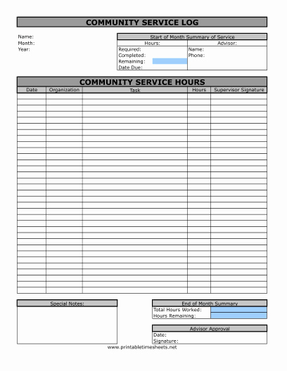 Volunteer Hour forms Template Unique Munity Service Timesheet Printable Time Sheet