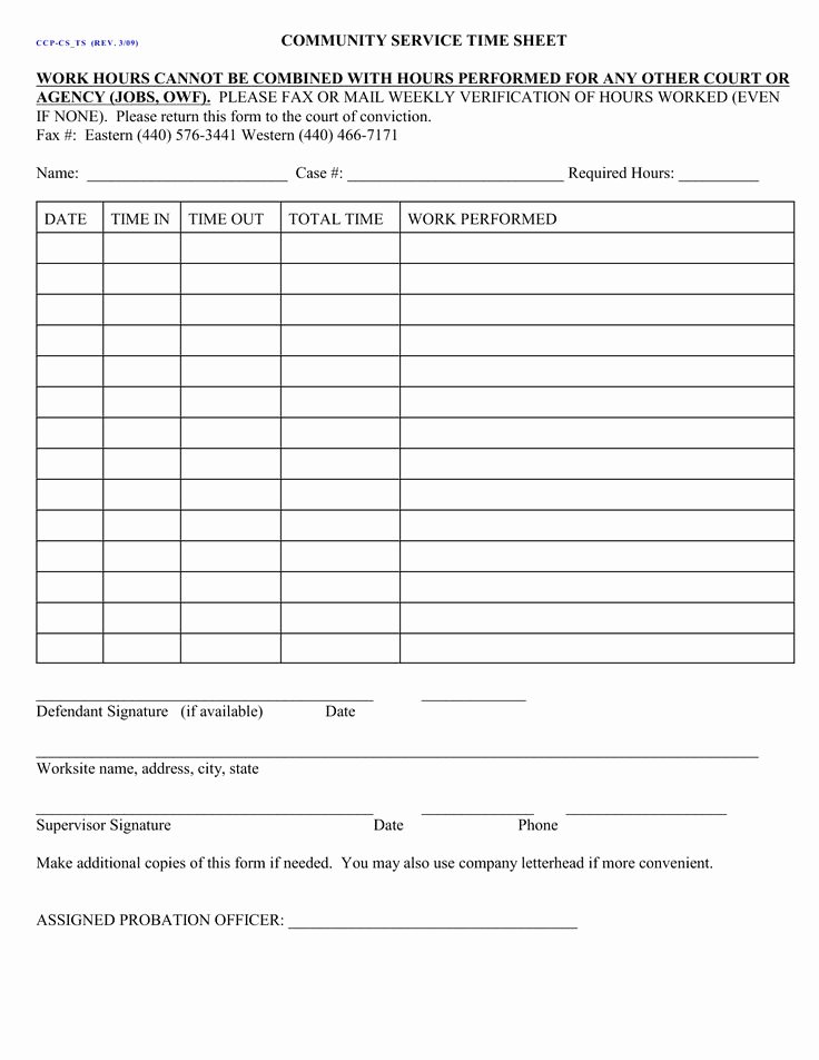 Volunteer Hours form Template Inspirational Court ordered Munity Service form