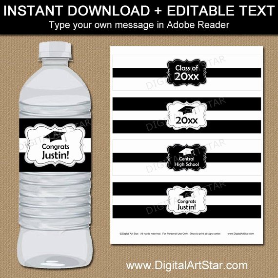Water Bottle Labels Template Awesome Black and White Graduation Water Bottle Label Template