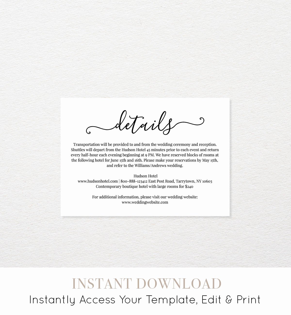 Wedding Accommodation Card Template Inspirational Wedding Details Card Template Printable Ac Modations Card
