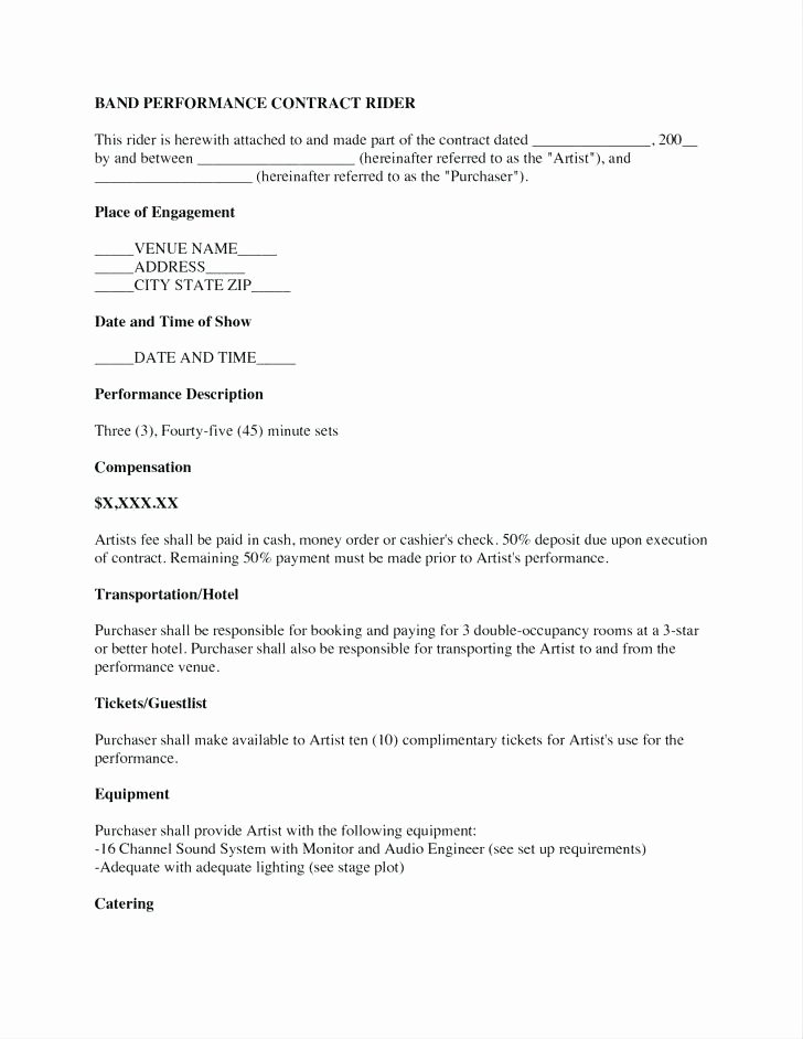 Wedding Band Contract Template Inspirational Performance Agreement Template Entertainment Contract