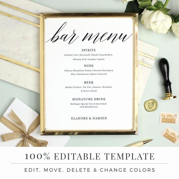 wedding bar menu template editable bar