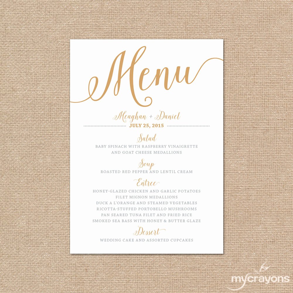 Wedding Menu Template Free Fresh Gold Wedding Menu Card Printable Wedding Menu Bella Script