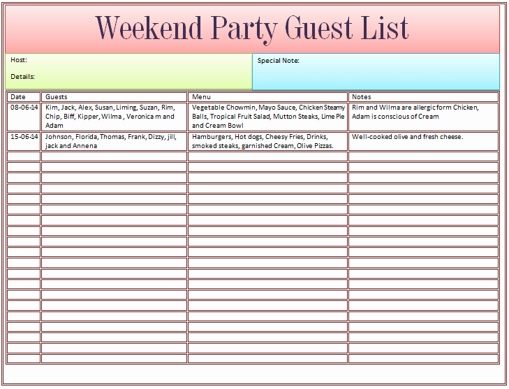 Wedding Party List Template Fresh Guest List Template for Wedding or Weekend Party