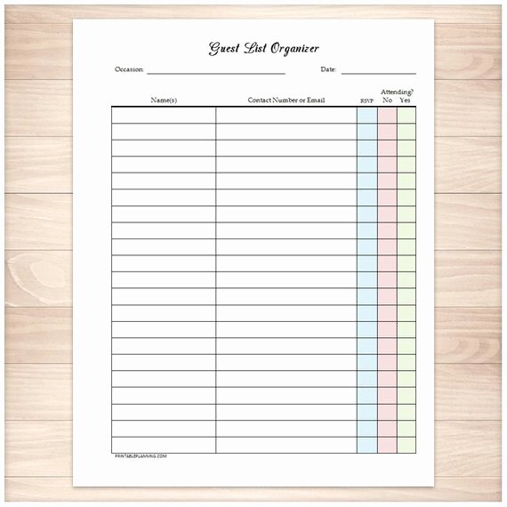 Wedding Party List Template New Printable Guest List Rsvp organizer Holiday or Occasion