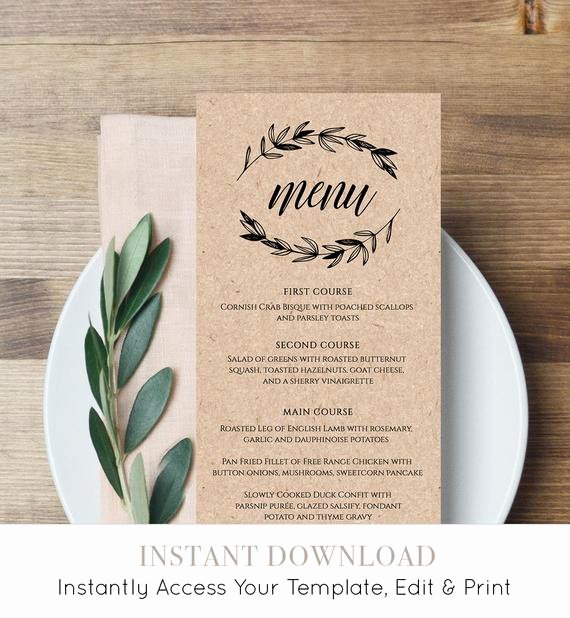 Wedding Reception Menu Template Elegant Rustic Wedding Menu Template Printable Menu Card Editable