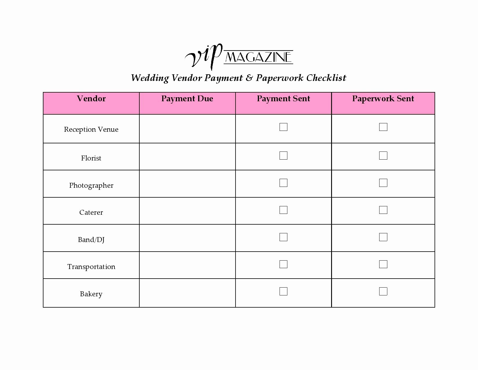 Wedding Vendors List Template Unique Wedding Vendor Payment &amp; Paperwork Checklist