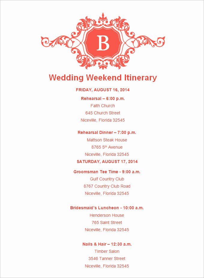 Wedding Weekend Timeline Template Unique Wedding Itinerary Examples