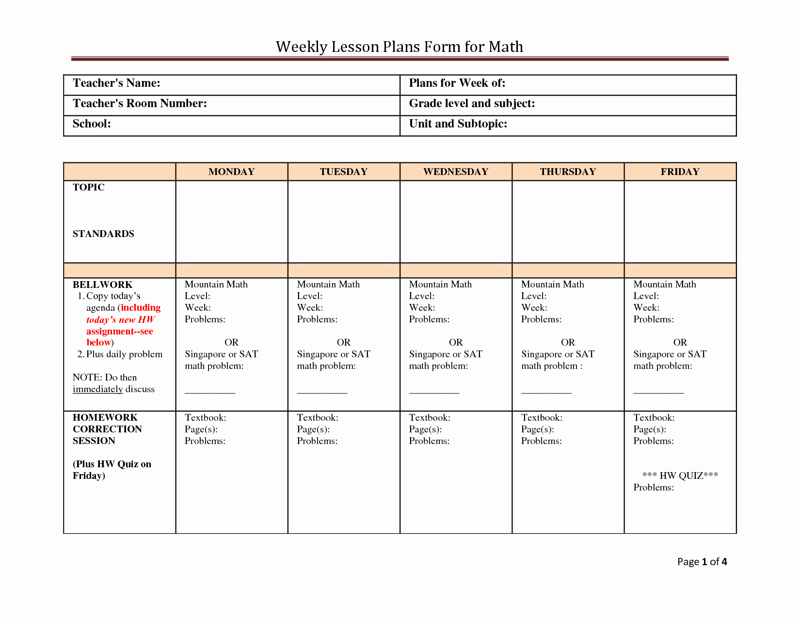 Weekly Lesson Plan Template Awesome Sample Math Lesson Plans High School Example Semi