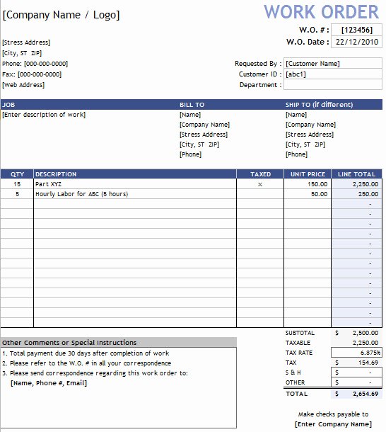 Work order form Template Fresh Work order Template In Excel