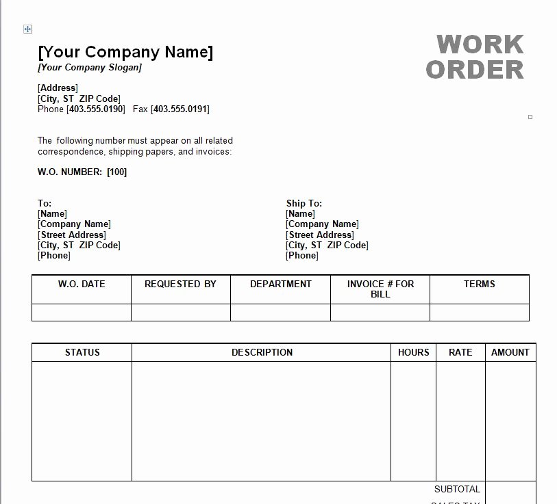 Work order Template Excel Lovely Work order Template Word