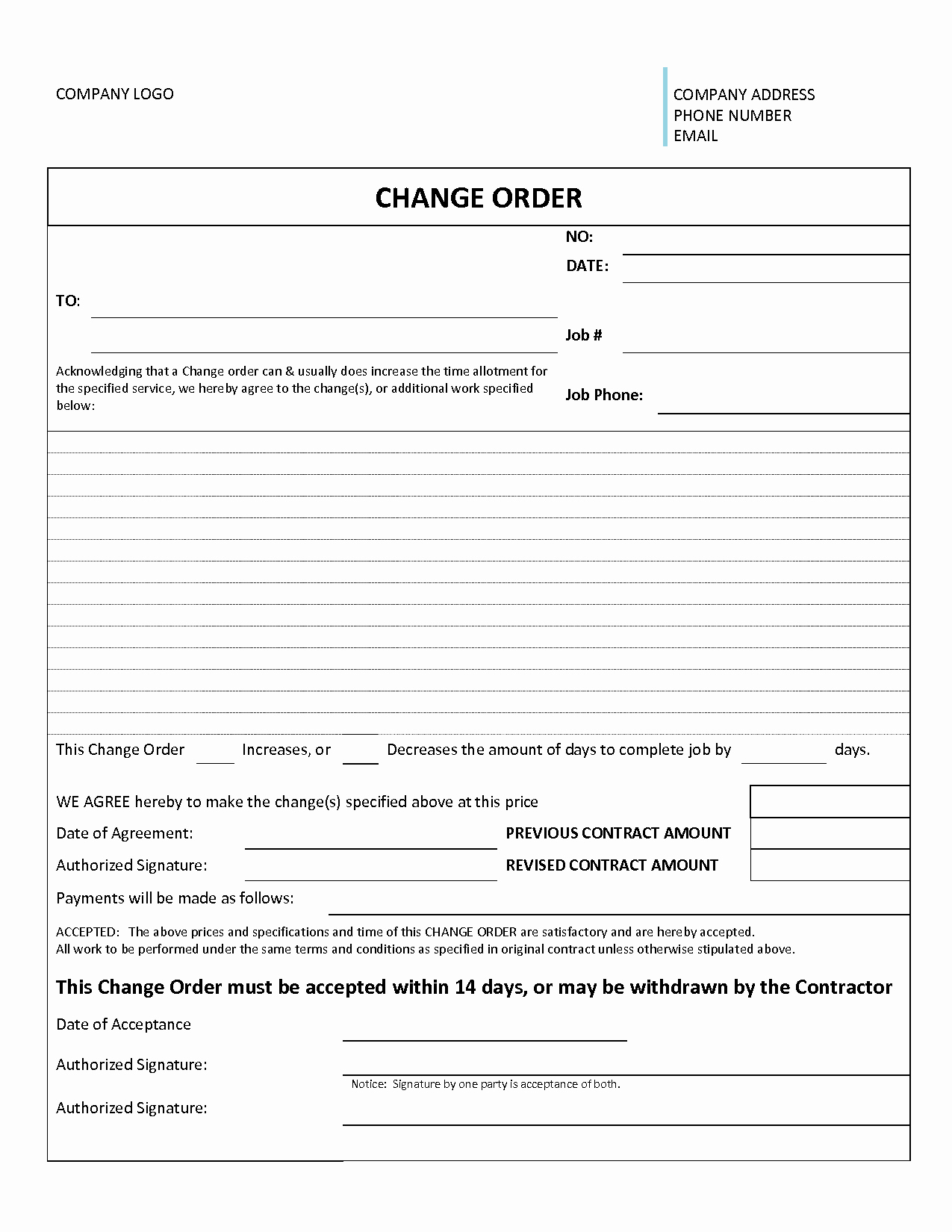 Work orders Template Free Awesome 3 Construction Change order Templates