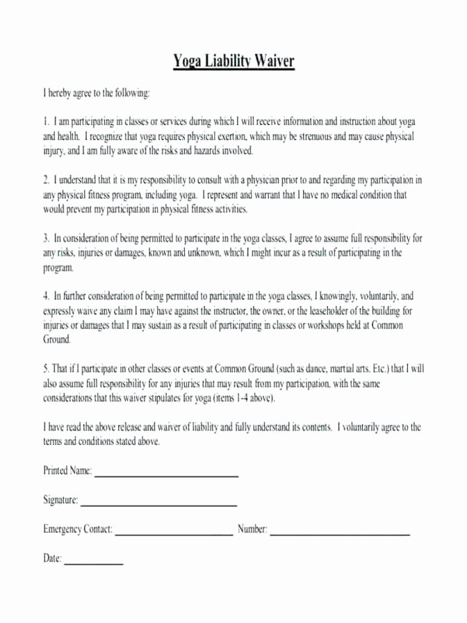 Yoga Waiver form Template Best Of Injury Disclaimer Template Liability Waiver Template Word