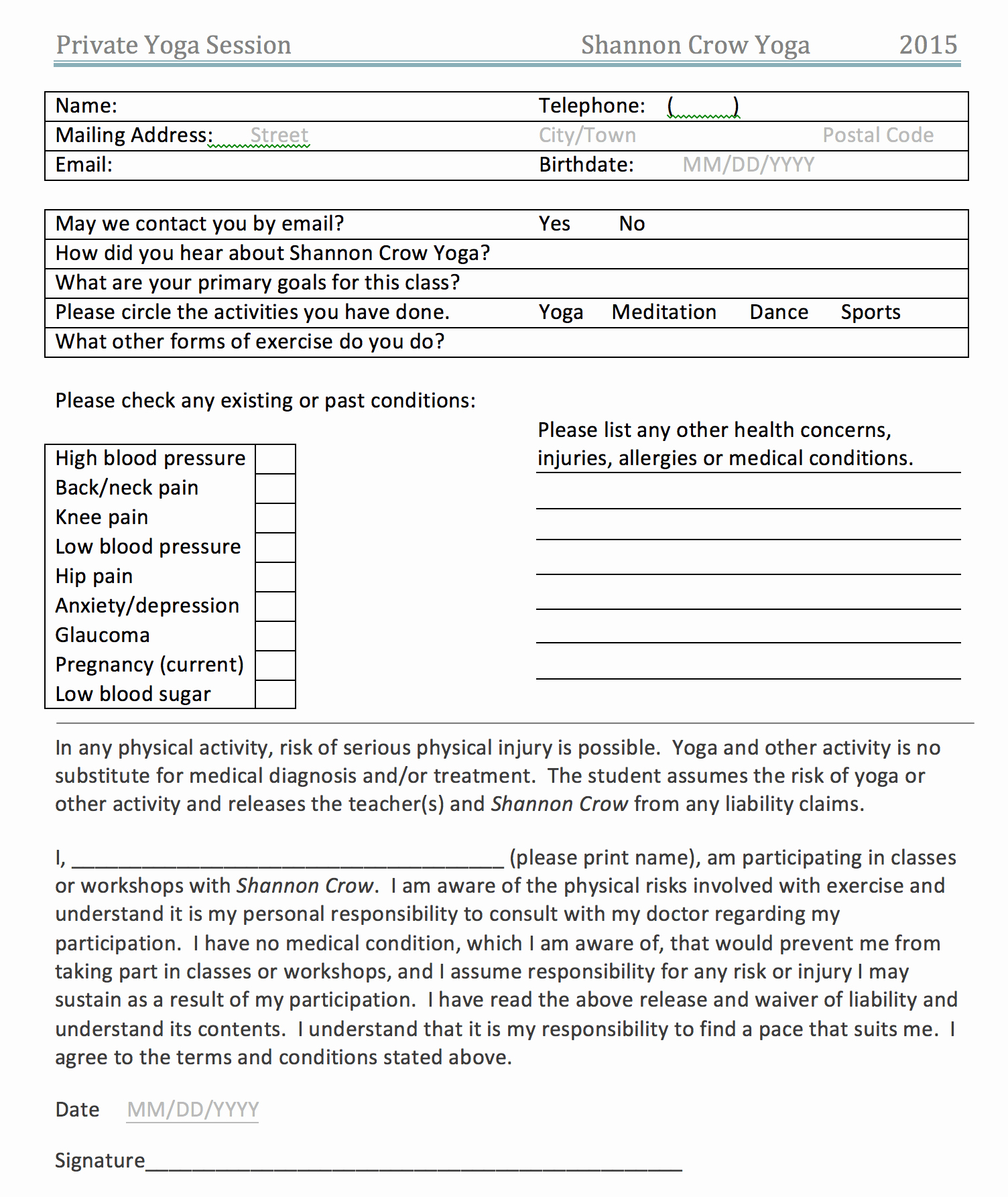 Yoga Waiver form Template Luxury Private Yoga Class Waiver form Shannon Crow