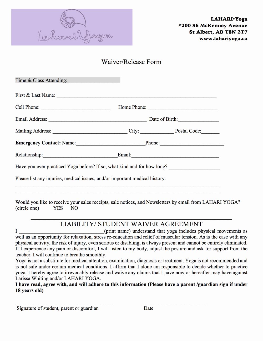 Yoga Waiver form Template New Yoga Waiver Template – Blog Dandk